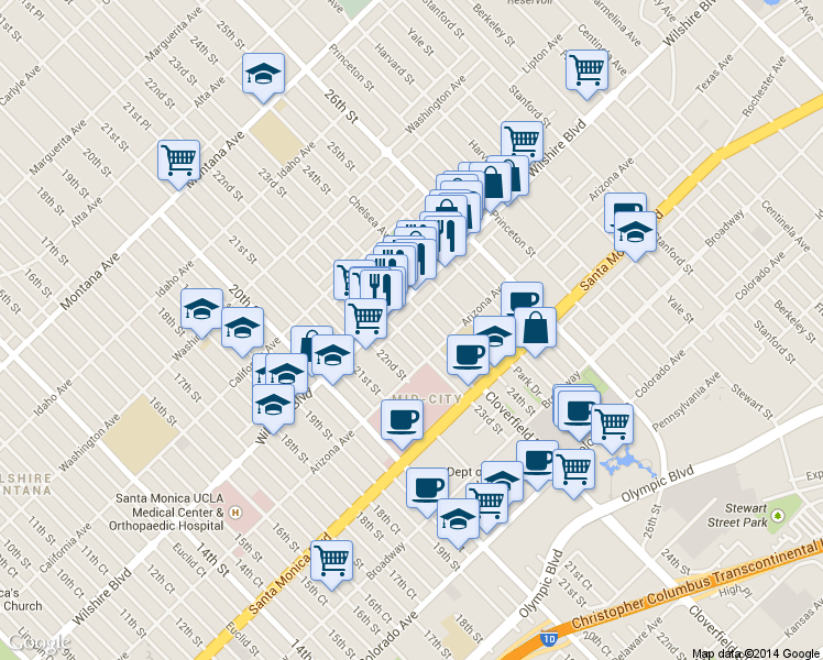 map of restaurants, bars, coffee shops, grocery stores, and more near 1231 24th Street in Santa Monica