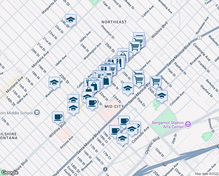 map of restaurants, bars, coffee shops, grocery stores, and more near 2300 Wilshire Boulevard in Santa Monica