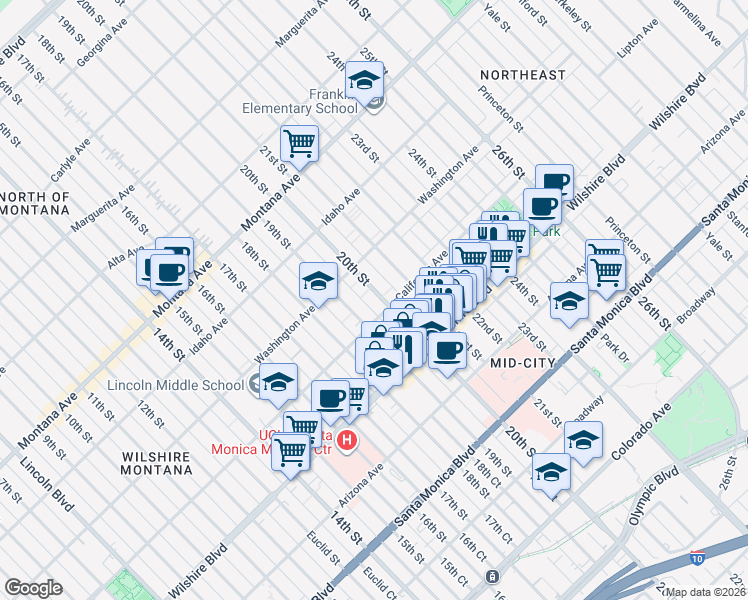 map of restaurants, bars, coffee shops, grocery stores, and more near 1041 20th Street in Santa Monica