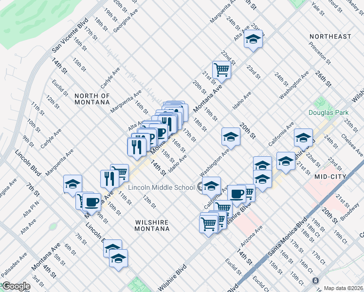 map of restaurants, bars, coffee shops, grocery stores, and more near 817 16th Street in Santa Monica
