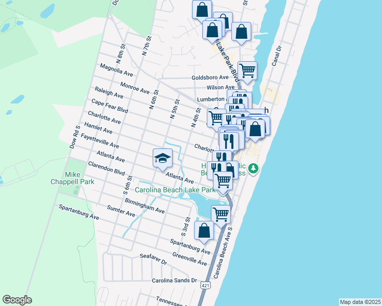 map of restaurants, bars, coffee shops, grocery stores, and more near 314 Hamlet Avenue in Carolina Beach