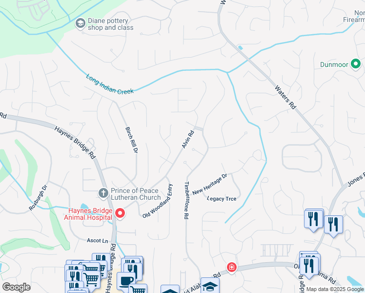 map of restaurants, bars, coffee shops, grocery stores, and more near 10350 Alvin Road in Johns Creek