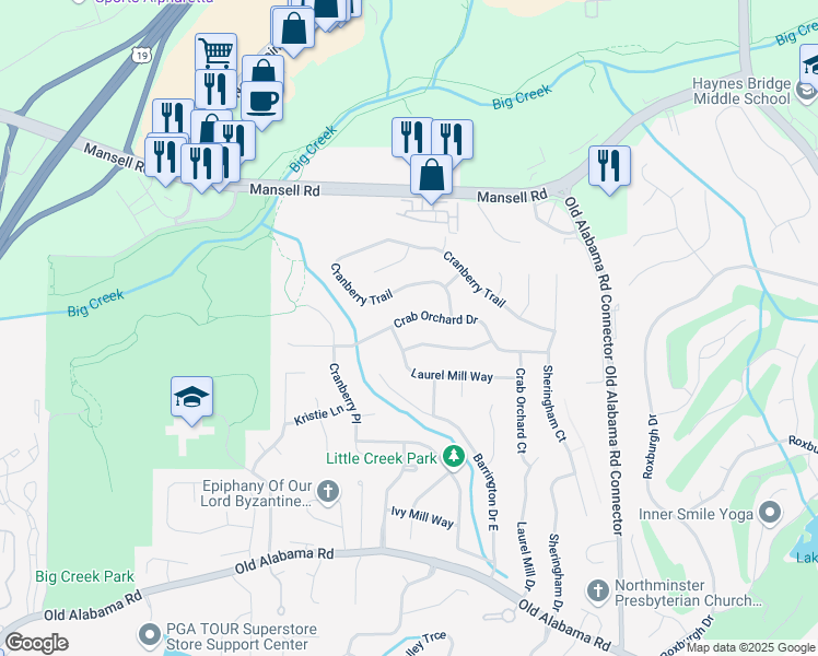 map of restaurants, bars, coffee shops, grocery stores, and more near 800 Crab Orchard Drive in Roswell