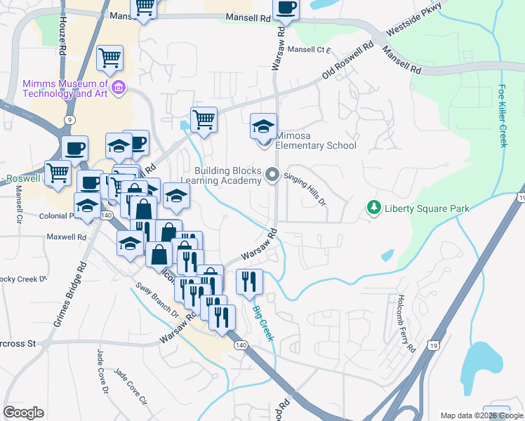 map of restaurants, bars, coffee shops, grocery stores, and more near 158 Willow Stream Court in Roswell