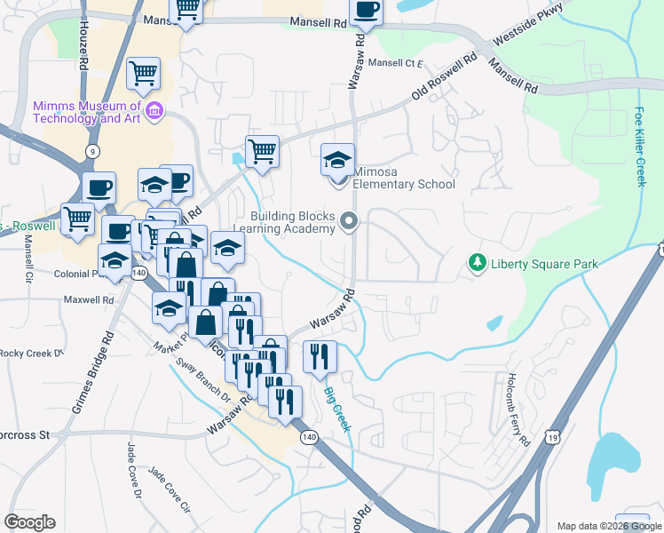 map of restaurants, bars, coffee shops, grocery stores, and more near 158 Willow Stream Court in Roswell