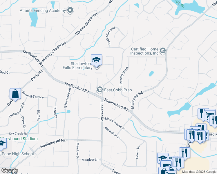 map of restaurants, bars, coffee shops, grocery stores, and more near 3541 Lassiter Road in Marietta