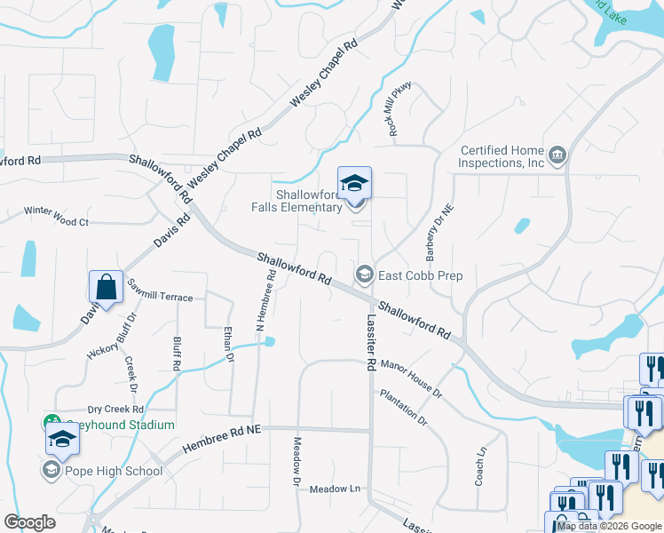 map of restaurants, bars, coffee shops, grocery stores, and more near 3554 Montwood Court in Marietta
