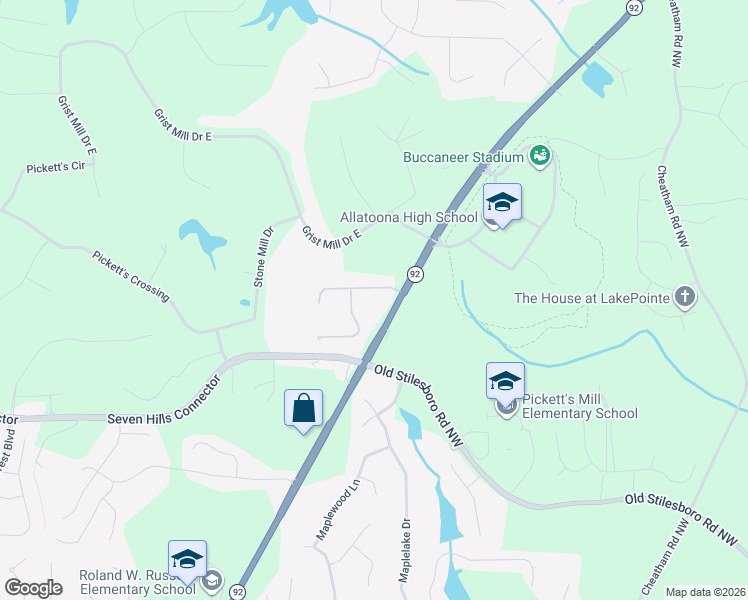 map of restaurants, bars, coffee shops, grocery stores, and more near 65 Thornwood Drive in Acworth