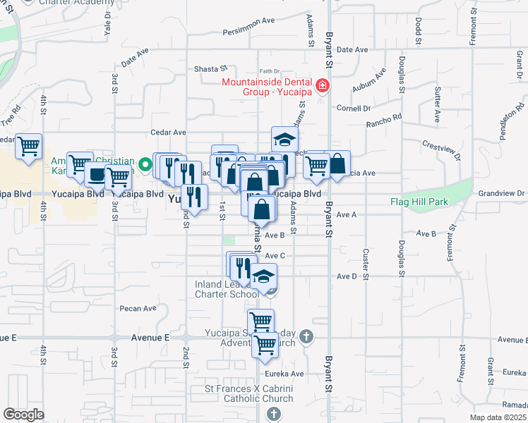 map of restaurants, bars, coffee shops, grocery stores, and more near 12149 California Street in Yucaipa