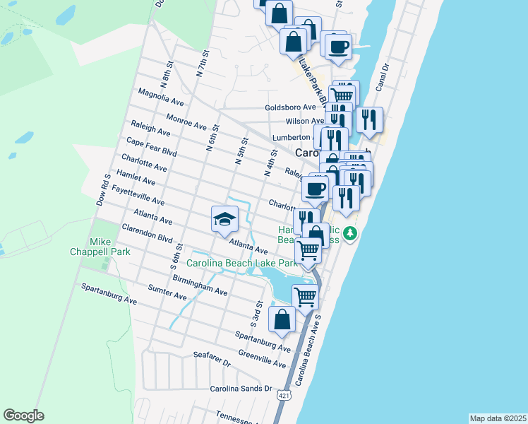 map of restaurants, bars, coffee shops, grocery stores, and more near 314 Hamlet Avenue in Carolina Beach