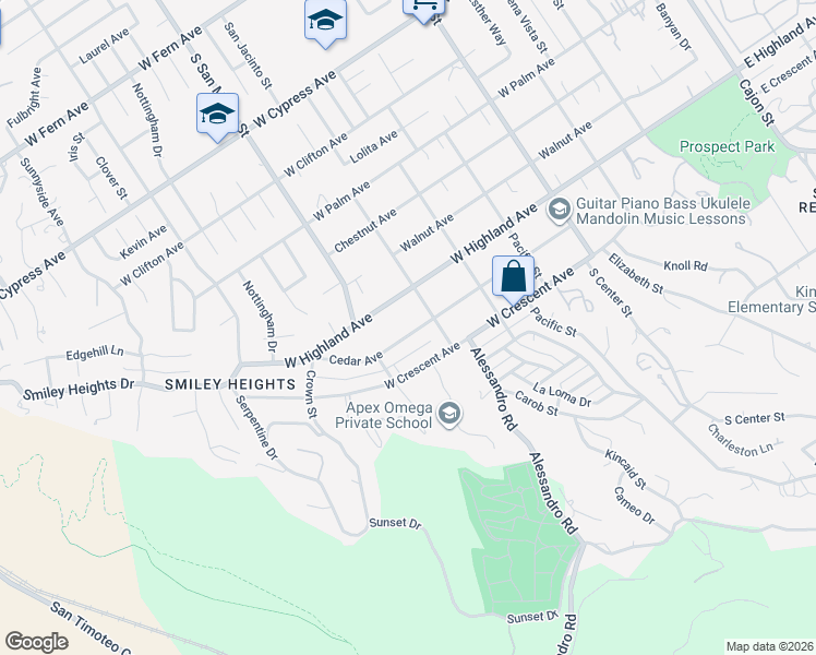 map of restaurants, bars, coffee shops, grocery stores, and more near 1110 Cedar Avenue in Redlands