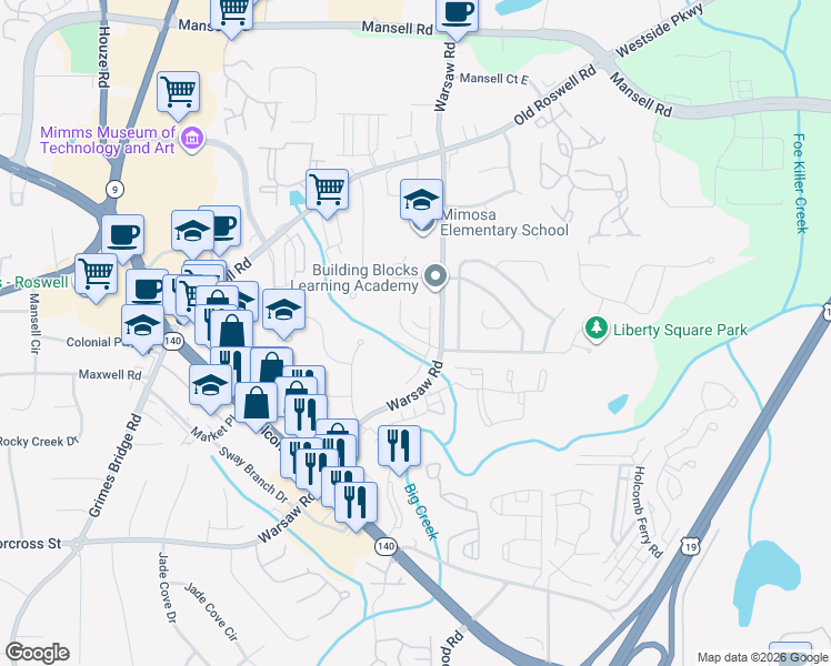 map of restaurants, bars, coffee shops, grocery stores, and more near 158 Willow Stream Court in Roswell