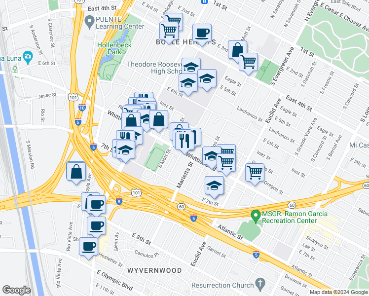 map of restaurants, bars, coffee shops, grocery stores, and more near 2635 Whittier Boulevard in Los Angeles