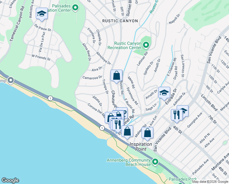 map of restaurants, bars, coffee shops, grocery stores, and more near 350 Chautauqua Boulevard in Los Angeles