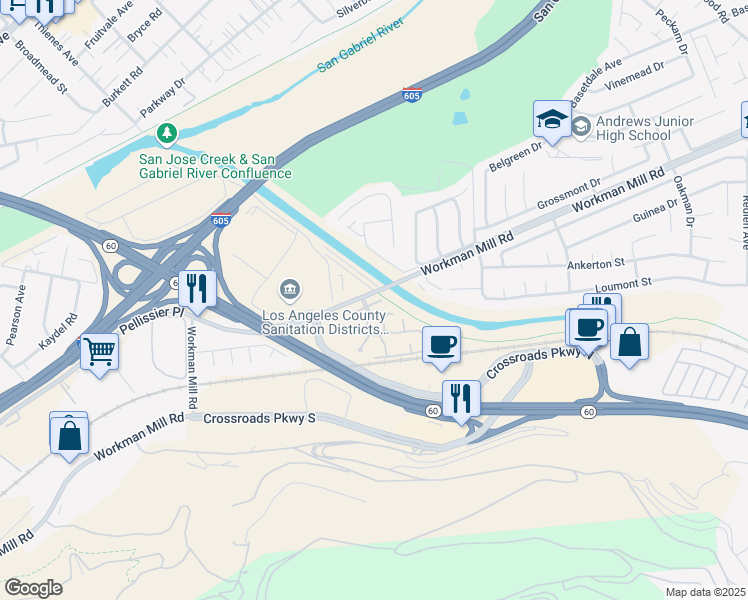 map of restaurants, bars, coffee shops, grocery stores, and more near 13037 Paseo Verde in Whittier