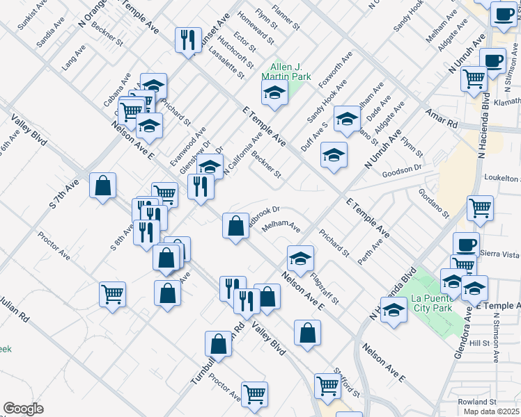 map of restaurants, bars, coffee shops, grocery stores, and more near 357 Cadbrook Drive in La Puente