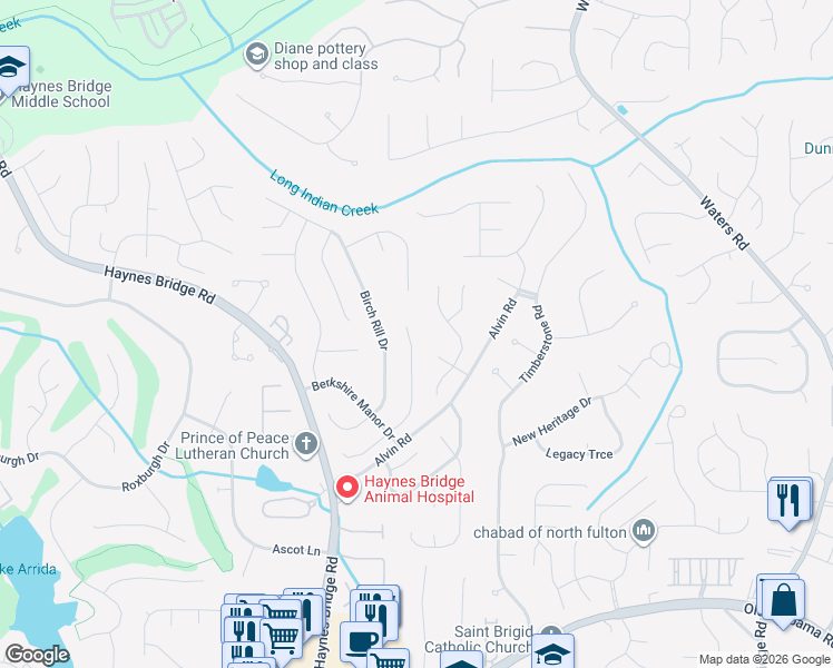 map of restaurants, bars, coffee shops, grocery stores, and more near 10460 Virginia Pine Lane in Alpharetta