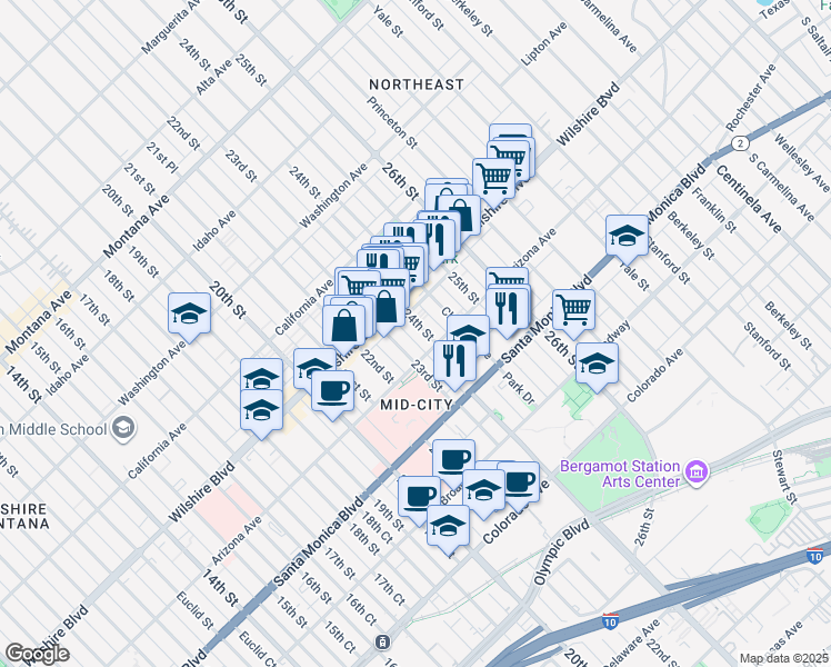 map of restaurants, bars, coffee shops, grocery stores, and more near 1240 24th Street in Santa Monica