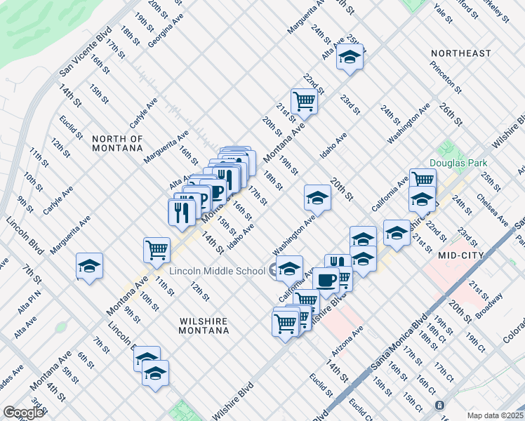map of restaurants, bars, coffee shops, grocery stores, and more near 1625 Idaho Avenue in Santa Monica