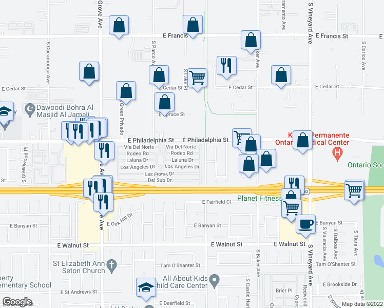 map of restaurants, bars, coffee shops, grocery stores, and more near 1459 East Philadelphia Street in Ontario