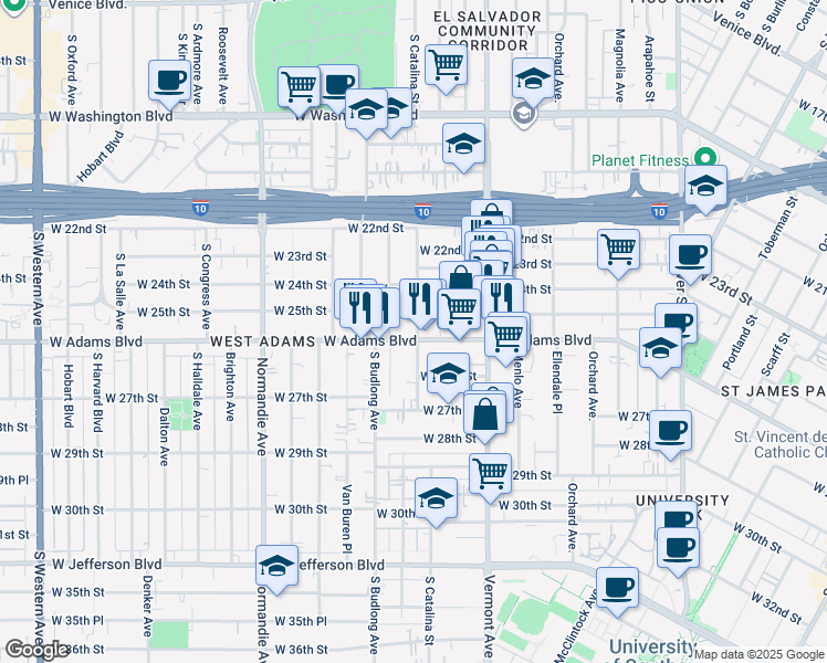 map of restaurants, bars, coffee shops, grocery stores, and more near 1501 West Adams Boulevard in Los Angeles
