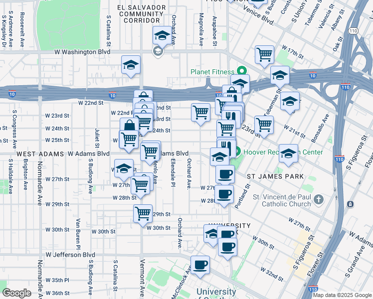 map of restaurants, bars, coffee shops, grocery stores, and more near 1216 West 25th Street in Los Angeles