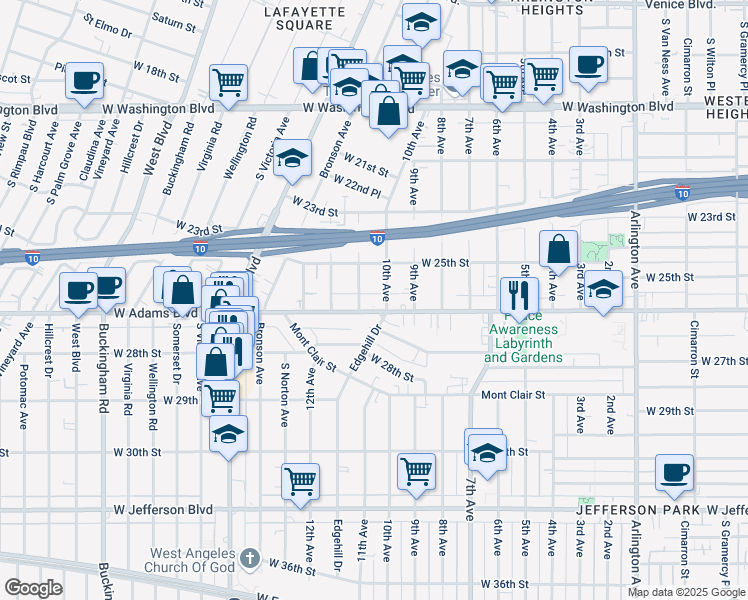 map of restaurants, bars, coffee shops, grocery stores, and more near 2530 11th Avenue in Los Angeles