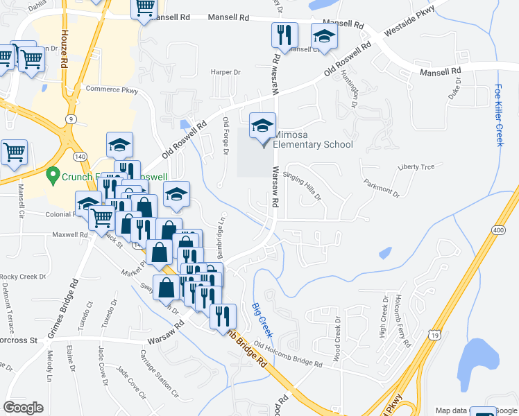 map of restaurants, bars, coffee shops, grocery stores, and more near 148 Willow Stream Court in Roswell