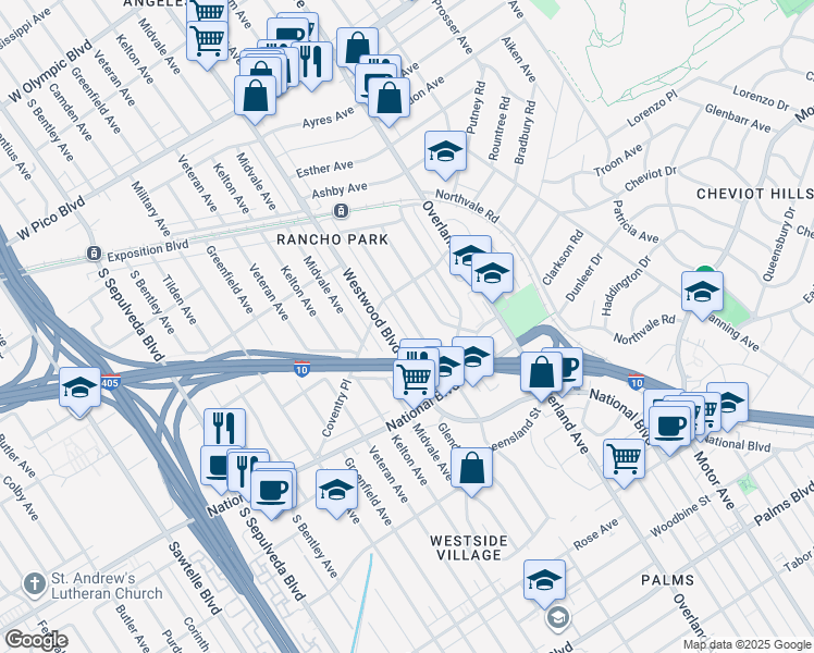 map of restaurants, bars, coffee shops, grocery stores, and more near 2821 Glendon Avenue in Los Angeles