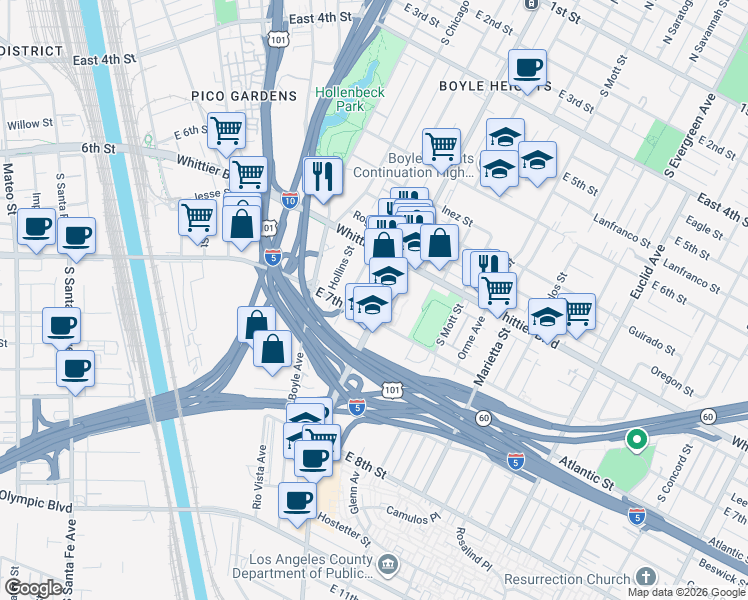 map of restaurants, bars, coffee shops, grocery stores, and more near 959 South Soto Street in Los Angeles