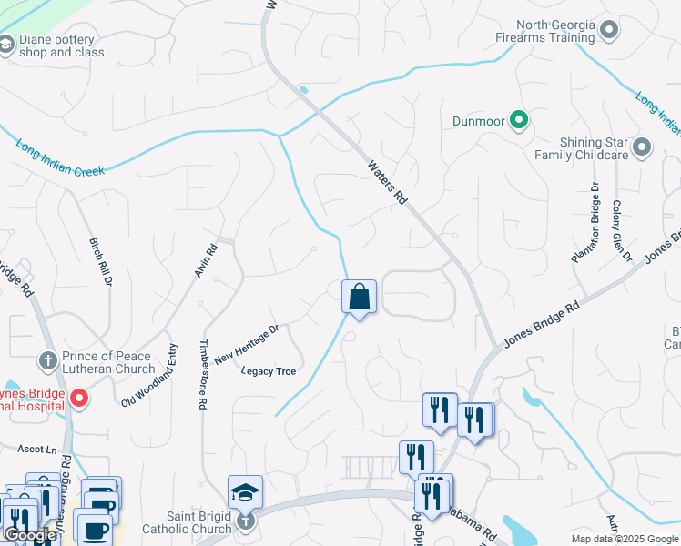 map of restaurants, bars, coffee shops, grocery stores, and more near 3550 New Heritage Drive in Alpharetta