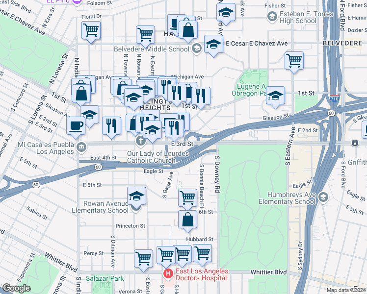 map of restaurants, bars, coffee shops, grocery stores, and more near 3900 East 3rd Street in Los Angeles