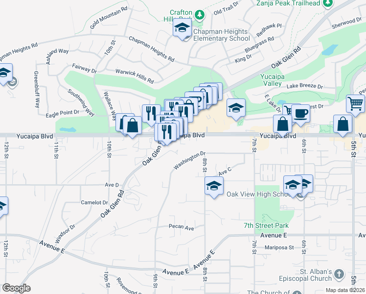 map of restaurants, bars, coffee shops, grocery stores, and more near 33601 Yucaipa Boulevard in Yucaipa
