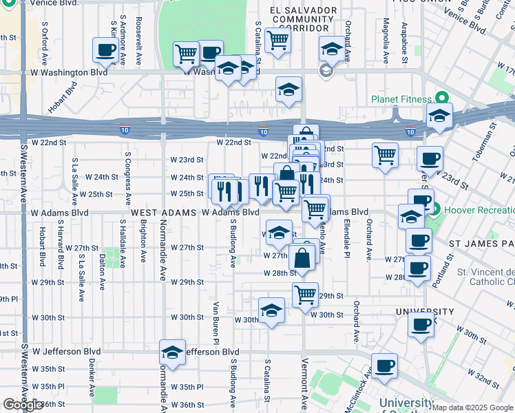 map of restaurants, bars, coffee shops, grocery stores, and more near 2501 South Catalina Street in Los Angeles