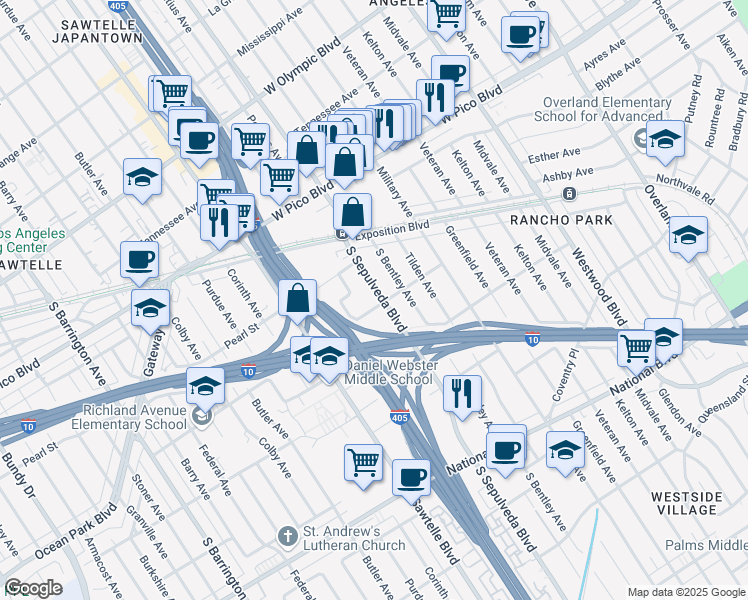 map of restaurants, bars, coffee shops, grocery stores, and more near 2585 South Sepulveda Boulevard in Los Angeles