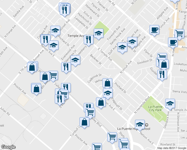 map of restaurants, bars, coffee shops, grocery stores, and more near 357 Cadbrook Drive in La Puente
