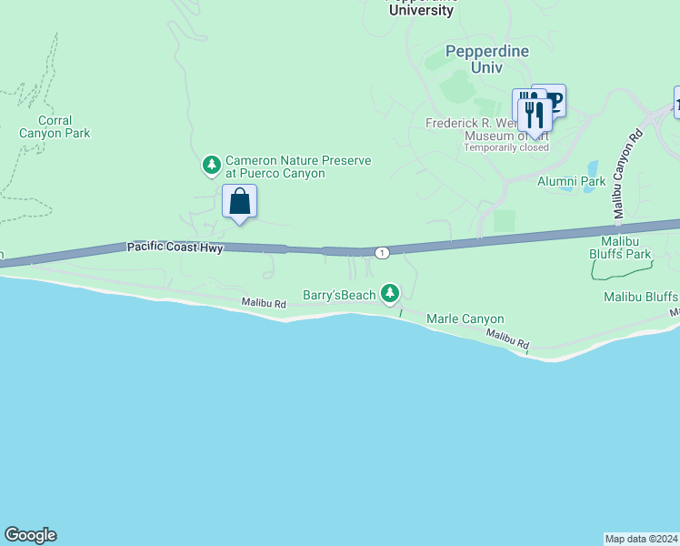 map of restaurants, bars, coffee shops, grocery stores, and more near 24834 California 1 in Malibu