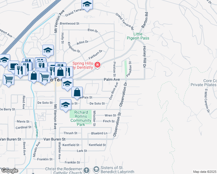 map of restaurants, bars, coffee shops, grocery stores, and more near 12124 Palm Court in Grand Terrace