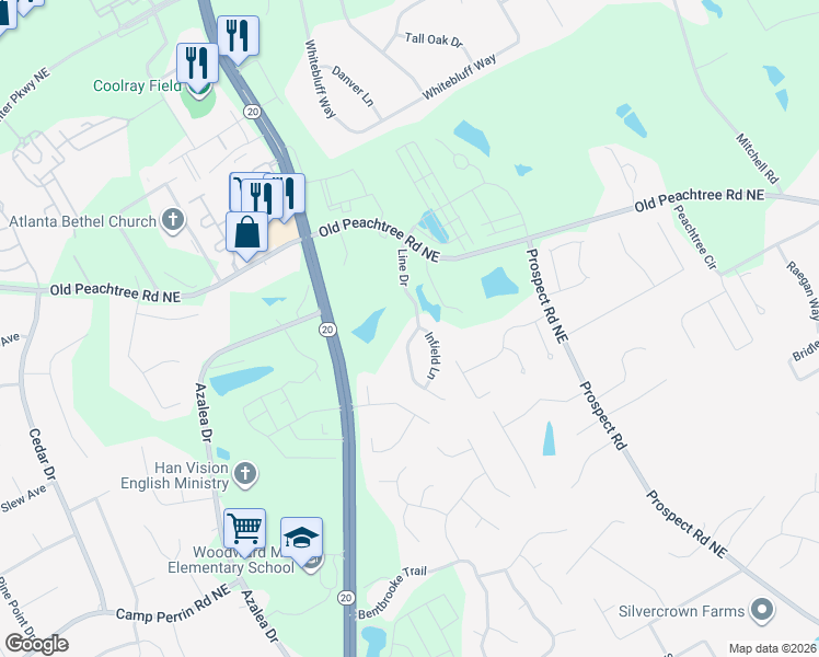map of restaurants, bars, coffee shops, grocery stores, and more near 2280 Line Drive in Lawrenceville