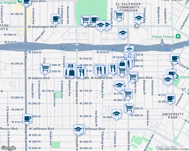 map of restaurants, bars, coffee shops, grocery stores, and more near 1591 West Adams Boulevard in Los Angeles