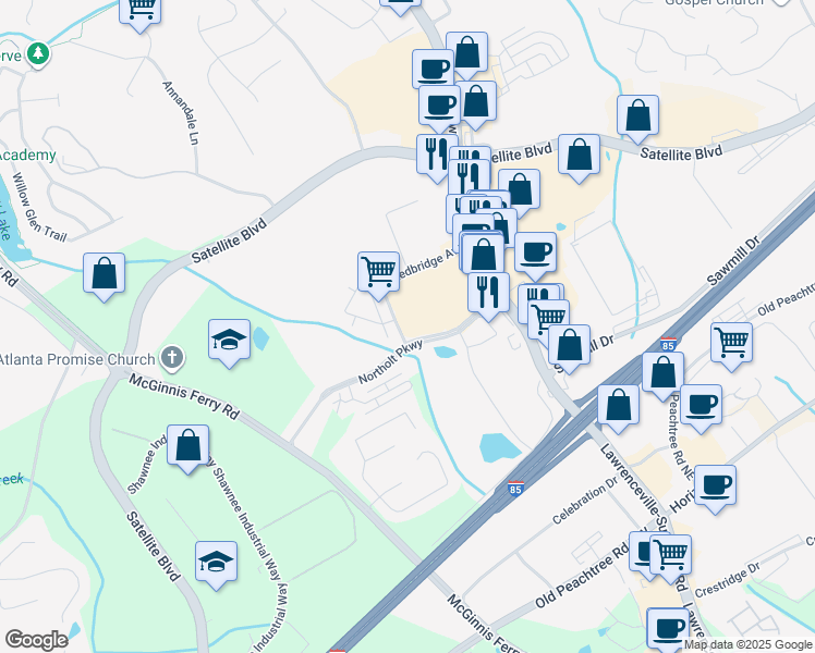 map of restaurants, bars, coffee shops, grocery stores, and more near 481 Northolt Parkway in Suwanee