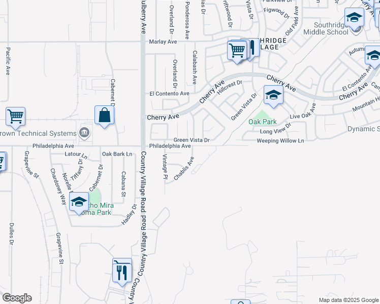 map of restaurants, bars, coffee shops, grocery stores, and more near 13933 Green Vista Drive in Fontana