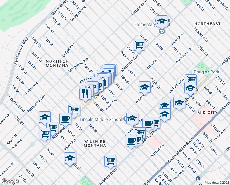 map of restaurants, bars, coffee shops, grocery stores, and more near 843 16th Street in Santa Monica