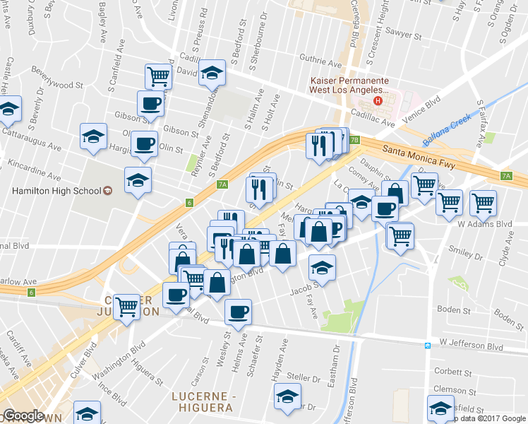 map of restaurants, bars, coffee shops, grocery stores, and more near 8640 Hervey St in Los Angeles