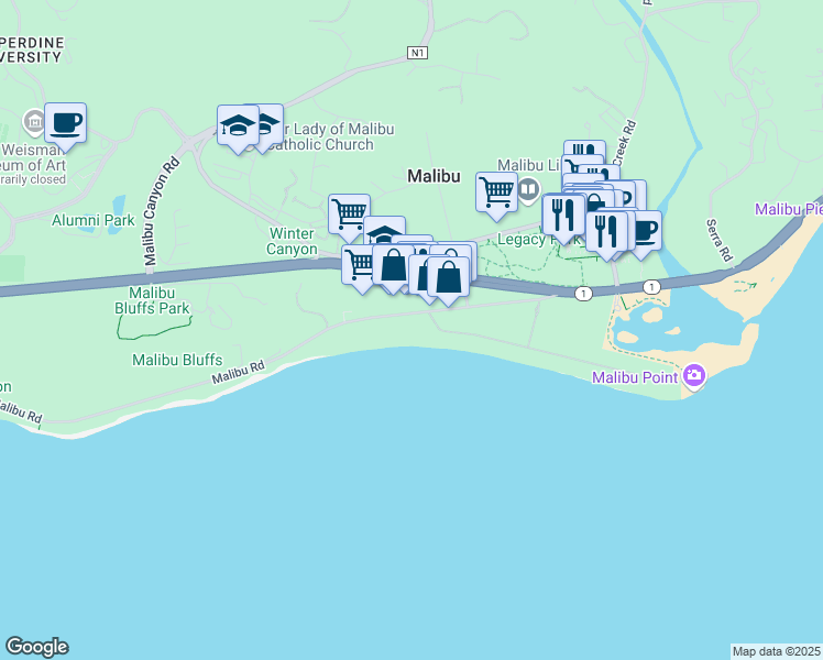 map of restaurants, bars, coffee shops, grocery stores, and more near 23754 Malibu Road in Malibu