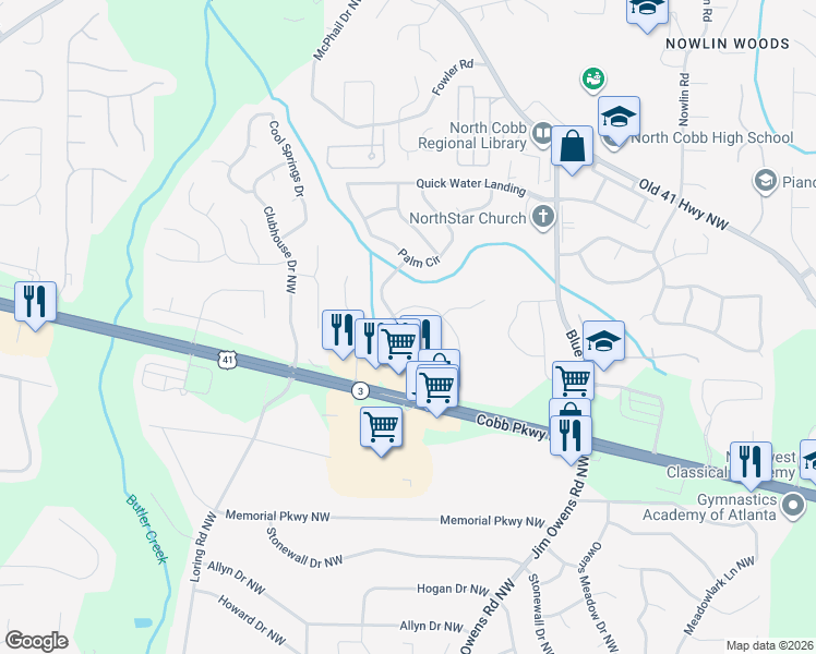 map of restaurants, bars, coffee shops, grocery stores, and more near 3112 Creekside Village Drive Northwest in Kennesaw