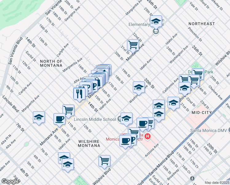 map of restaurants, bars, coffee shops, grocery stores, and more near 1625 Idaho Avenue in Santa Monica