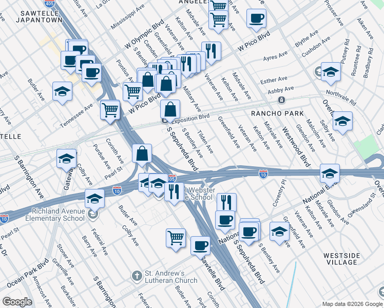 map of restaurants, bars, coffee shops, grocery stores, and more near 2600 South Sepulveda Boulevard in Los Angeles