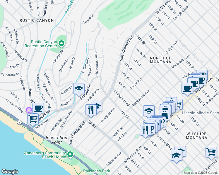 map of restaurants, bars, coffee shops, grocery stores, and more near 731 San Vicente Boulevard in Santa Monica