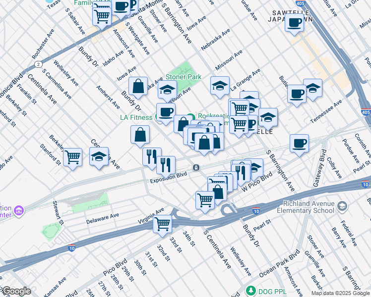 map of restaurants, bars, coffee shops, grocery stores, and more near 2052 South Bundy Drive in Los Angeles